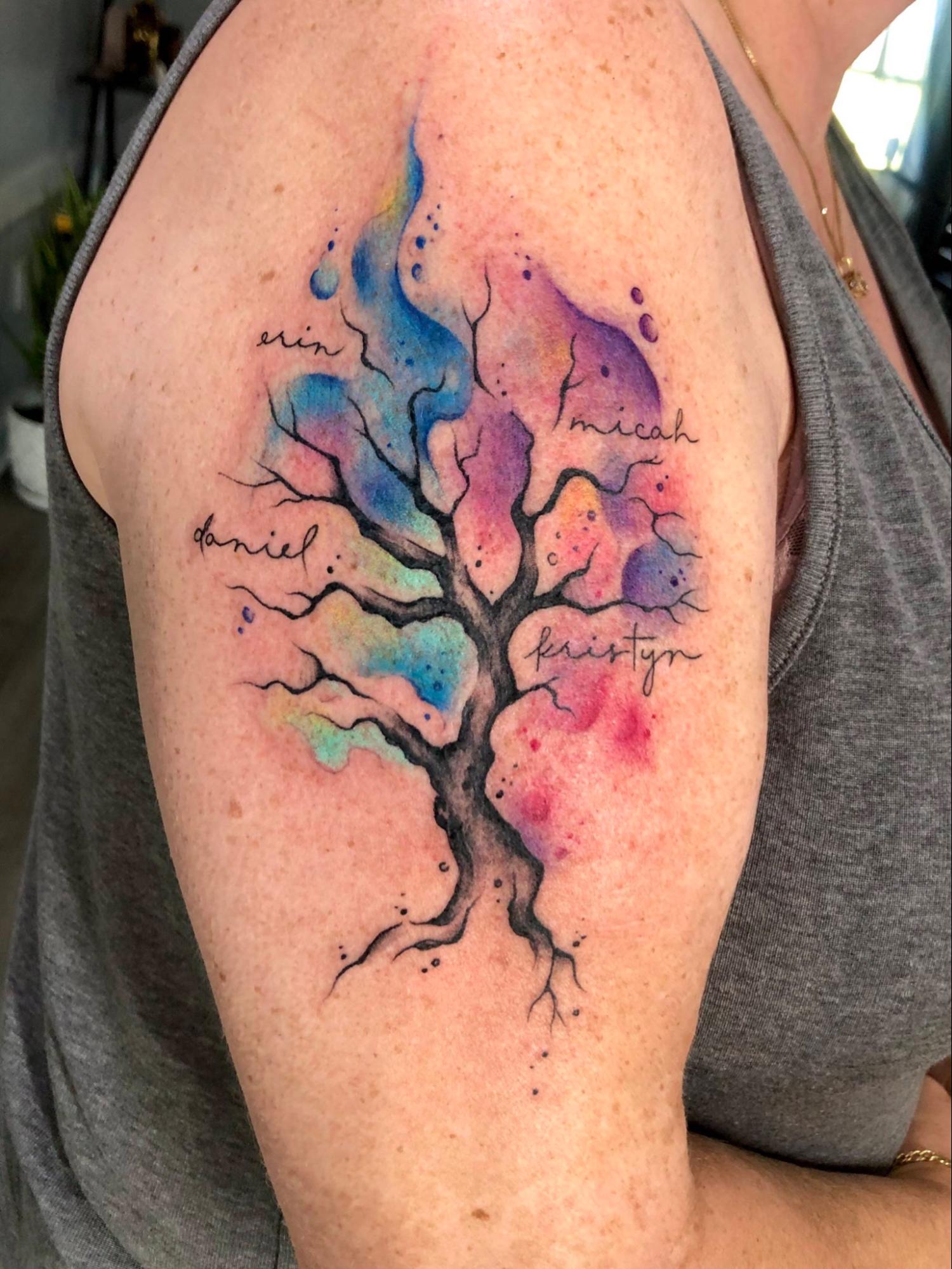 Colored family tree tattoo