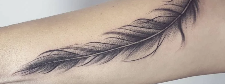 Black feather inked on a forearm