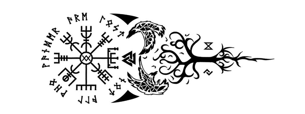 Yggdrasill tattoo with different elements such as runes and animal prints