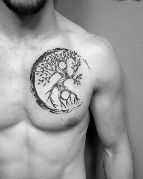 Black and grey Yggdrasil tattoo on the chest