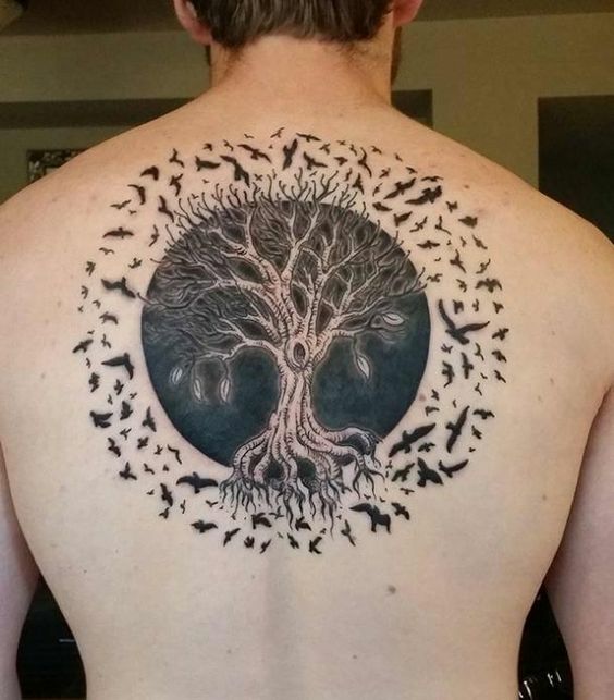 Back Yggdrasil tattoo with birds surrounding it in a circle