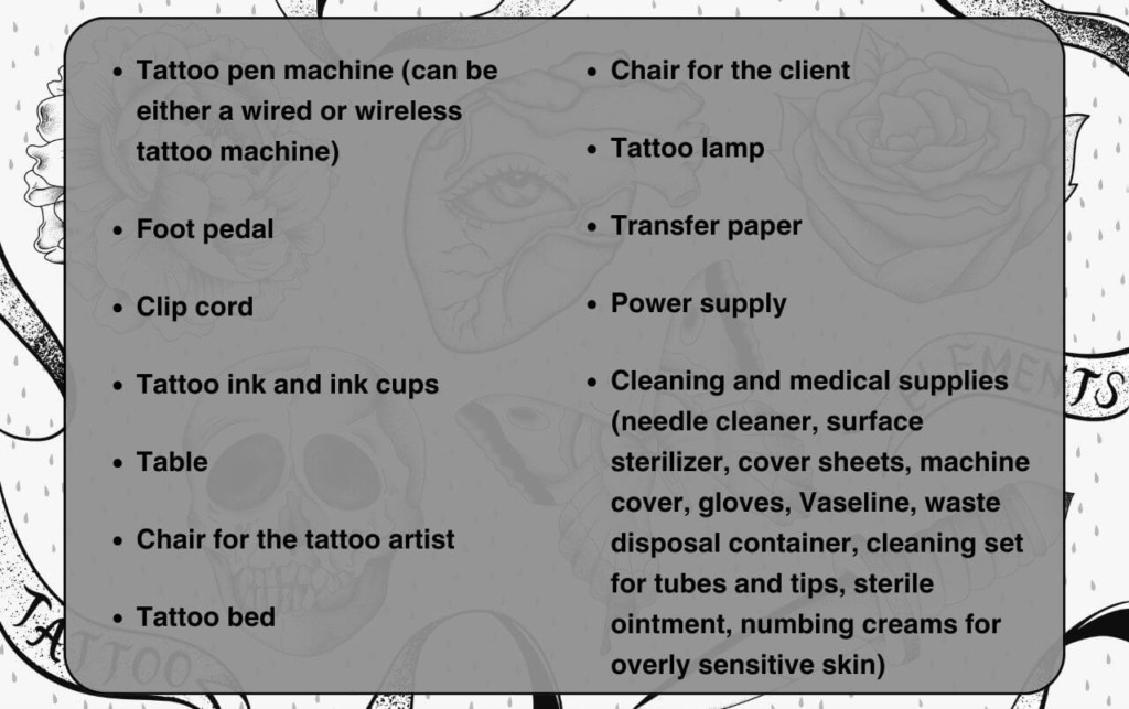 The basic list of necessary equipment in a tattoo studio