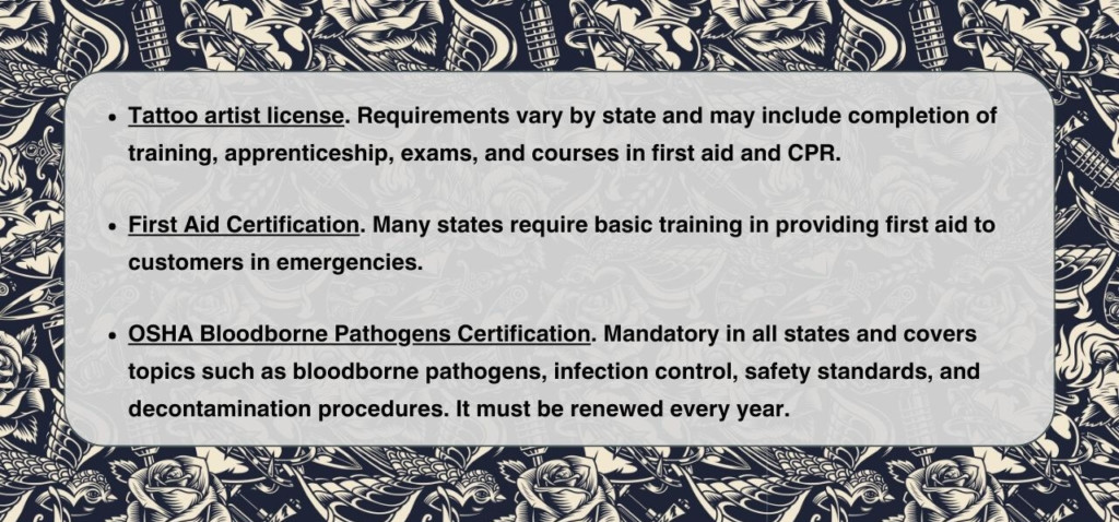 General list of professional licenses and certifications for tattoo artists