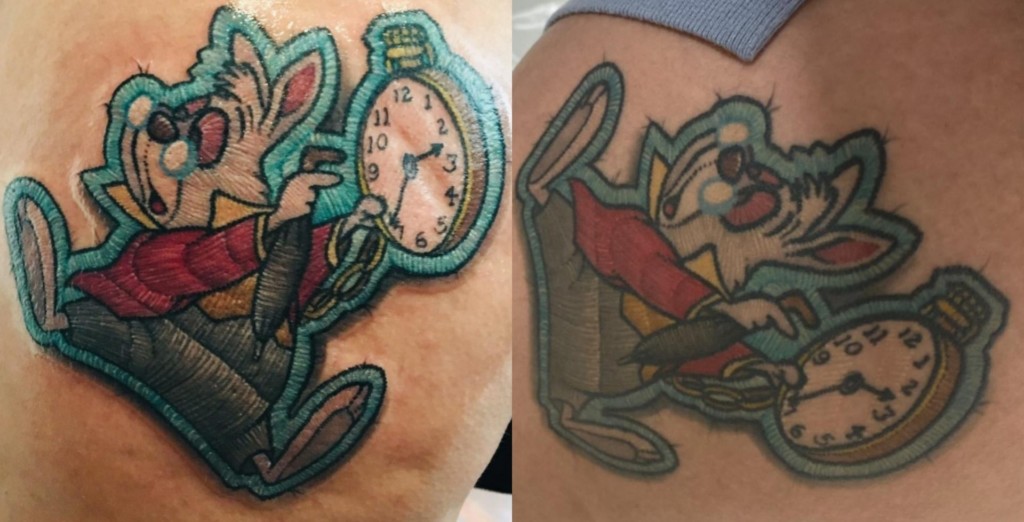 An example of a faded embroidery tattoo after 2 years. Source: Reddit