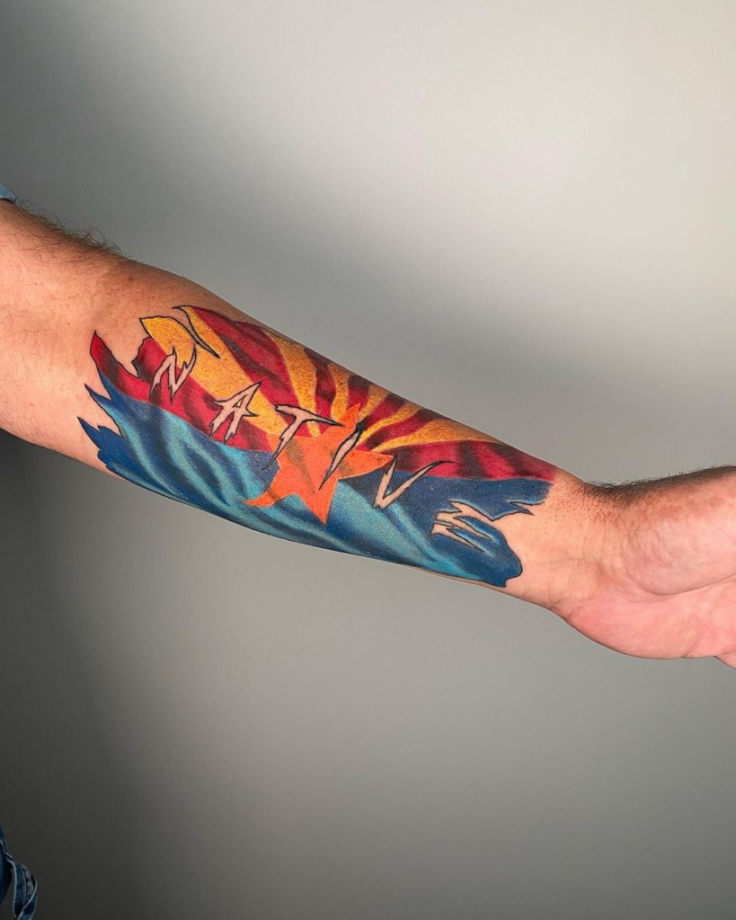 These tattoos refer to Arizona’s state flag—the Copper Star and alternating yellow and red rays.