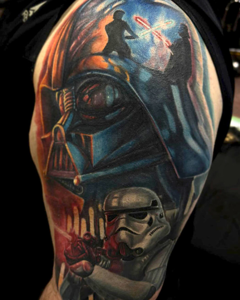 Star Wars-inspired shoulder tattoo by Carl Schwartz, from a stencil to final