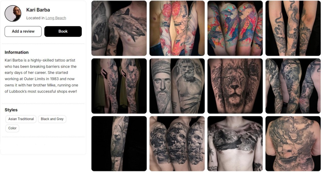 Kari Barba's tattoo portfolio on the InkMatch website
