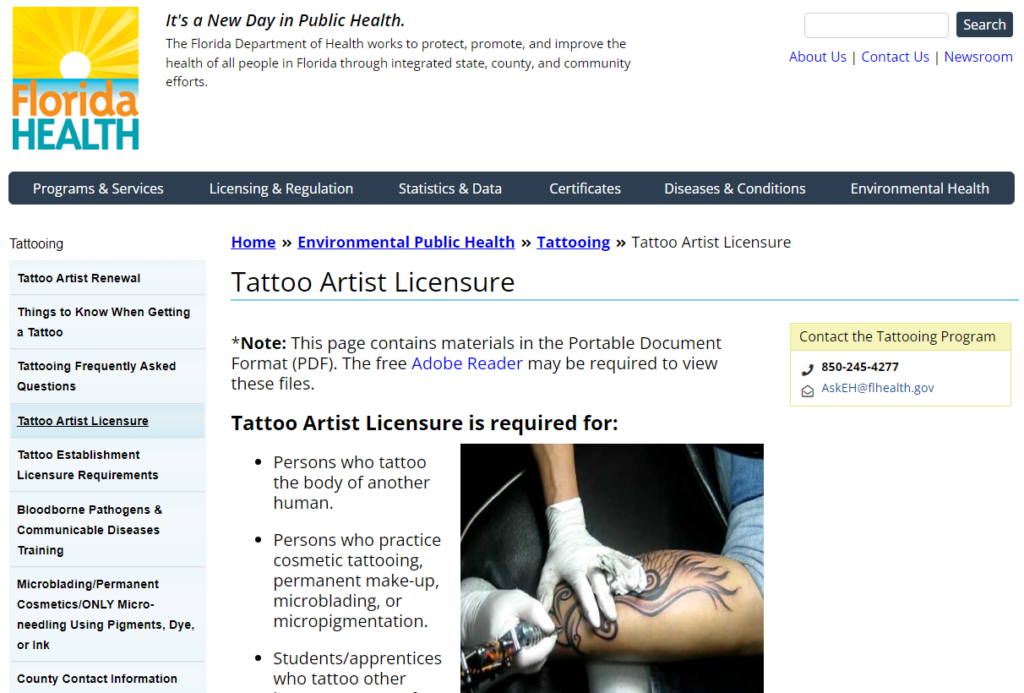 Example of a Florida Health website page about tattoo licensing. 
Source: floridahealth.gov
