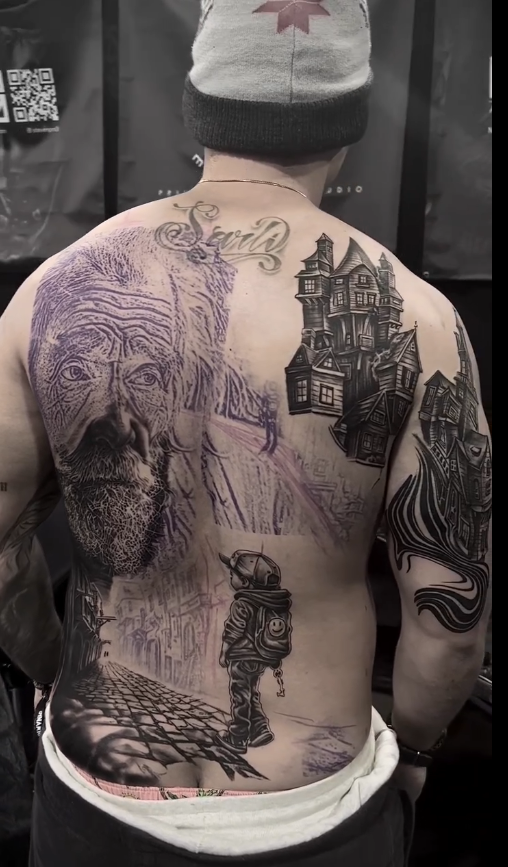 Monchi’s back piece in progress, performed during the Allstars Tattoo Convention