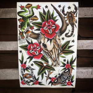 snake skull and rose tattoo drawing