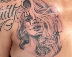 Masks and clowns in Chicano tattoos