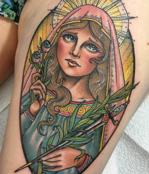 Neo-traditional Catholic Mary tattoo