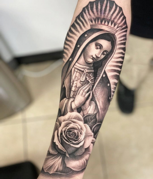 Catholic Mary Tattoo with Roses