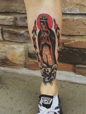 Traditional Catholic Mary tattoo on the leg