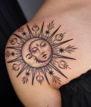 Sun and Moon tattoo on the shoulder