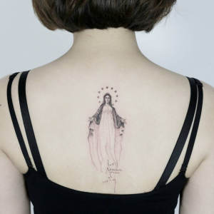 Minimalistic Catholic Mary Tattoo on the back