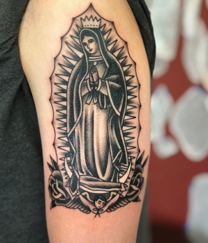 Catholic Mary Tattoo in a Dotwork Style