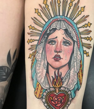 Neo-traditional Catholic Mary tattoo