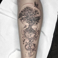Fine line Yggdrasil design with birds and ethereal elements