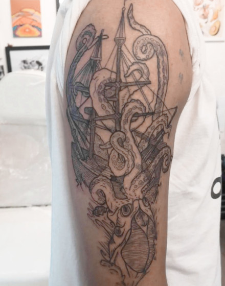 Kraken and Ship Tattoo