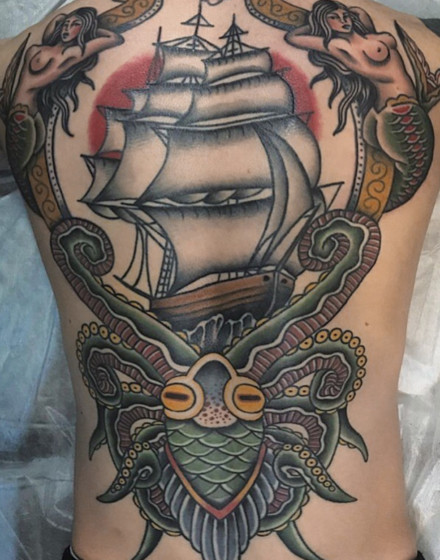 Kraken and Ship Tattoo