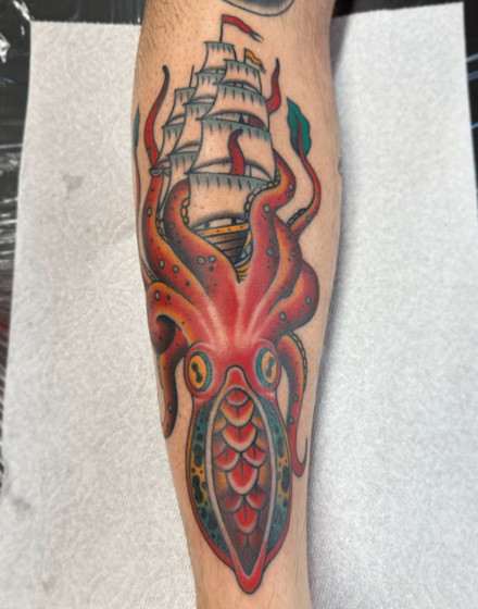 Kraken and Ship Tattoo