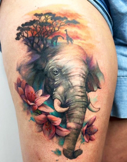 Elephant Tattoo With Flowers