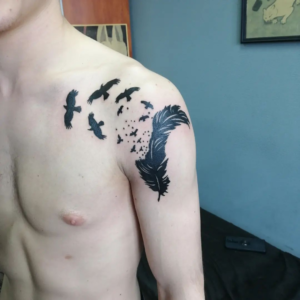 Feather Tattoo Designs With Flying Birds