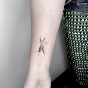 Two minimalistic feathers inked on the arm