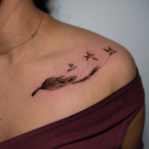 Feather Tattoo Designs With Flying Birds