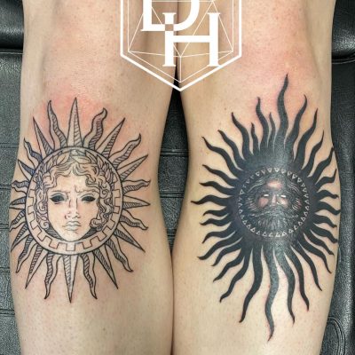 Knee tattoo by Dan Hughes