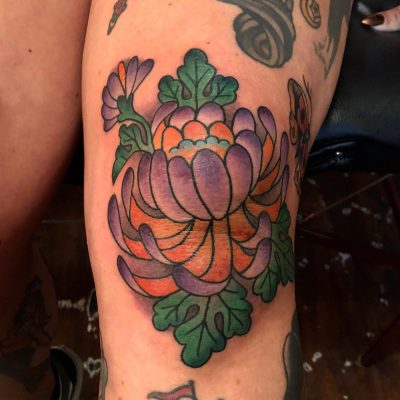 Knee tattoo by Josh Hanes