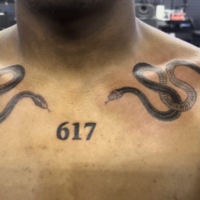 Collar bone tattoo by Bo “Tim” Shi