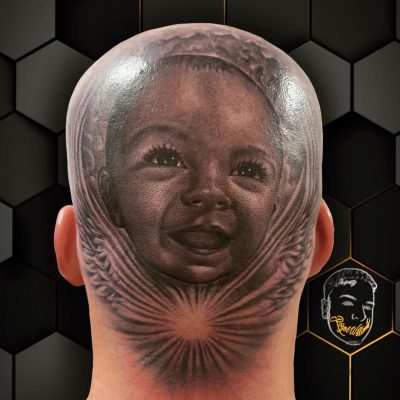 Head tattoo by Roger Williams