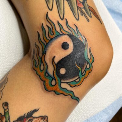 Knee tattoo by Alec Rowe