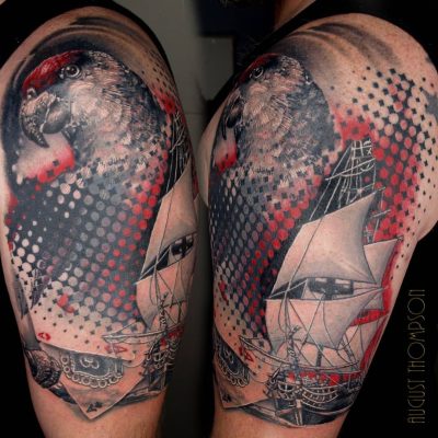 Trash-polka tattoo by August Thompson