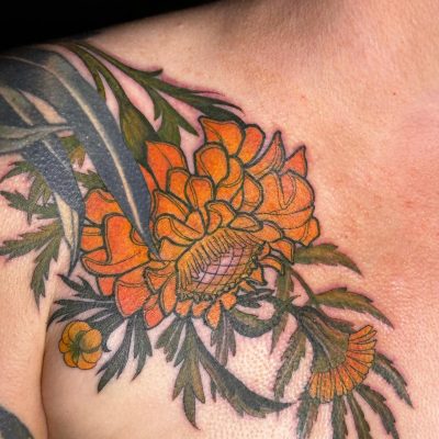 Collar bone tattoo by Brooke Michael Englehart